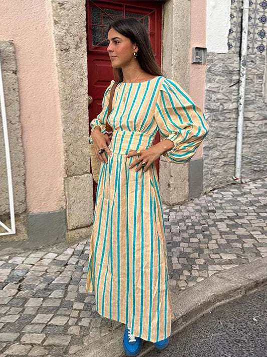 eybag Striped Print Women Maxi Dress women Elegant O Neck Lantern Sleeve Backless Female Dresses 2024 Summer High Waisted Robe