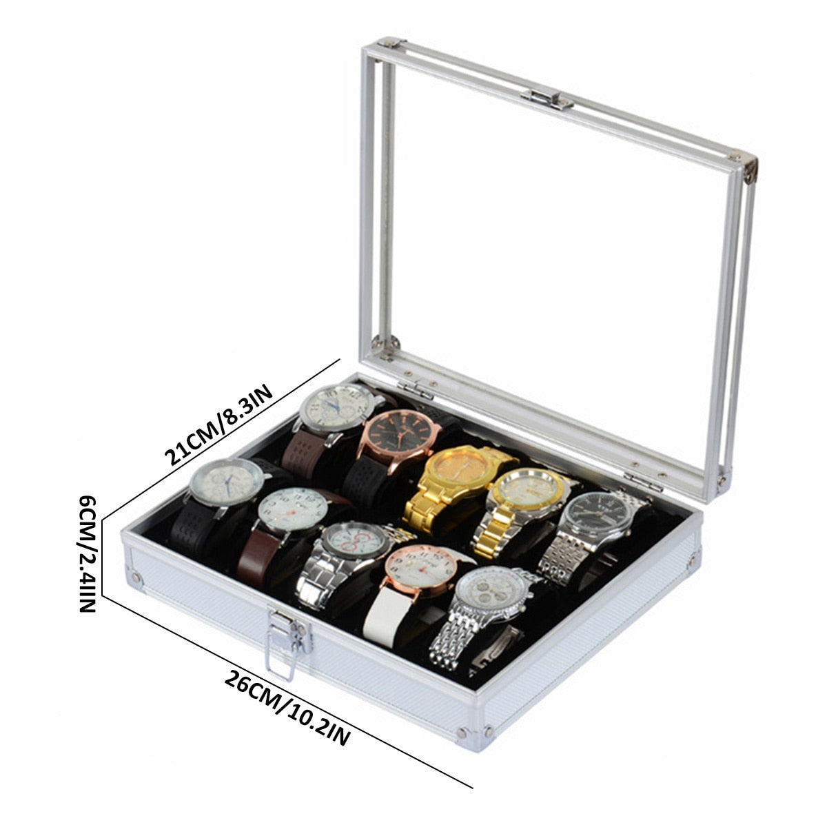 eybag 6/10/12 Slots Watch Box Jewellery Display Storage Case with Glass Top Exquisite Mens Watch Organizer Metal Watch Holder Showcase