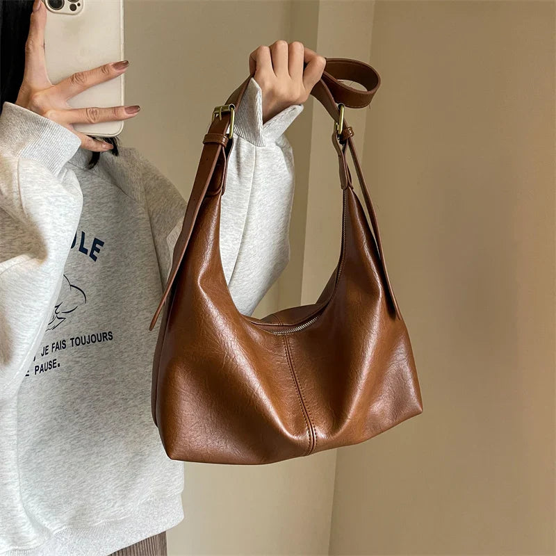 eybag Women's Vintage Design Hobo Bags Large Capacity Crossbody Shoulder Bag For Ladies Casual Solid Genuine Cowhide Half Moon Bags