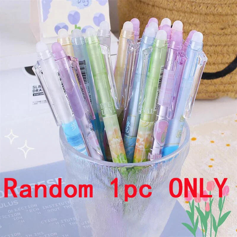 eybag 6pcs Erasable Gel Pens Romantic Flowers Blue Black Ink Signature Pens with Erasers 0.5mm Cute Pens Writing Tools Office School