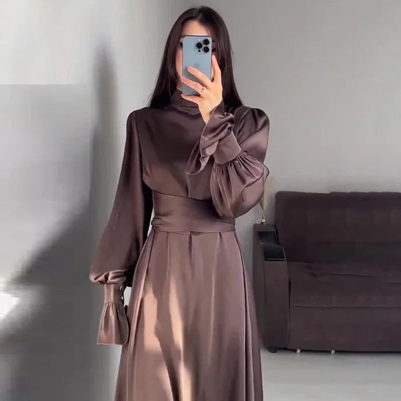 eybag Elegant Ruffled Long Sleeve Long Dress Women's Fashion Bandage Evening Dress Retro Slim Lace Up Solid Color Long Dress