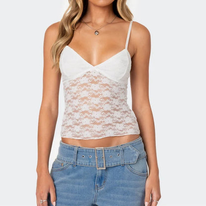 eybag Y2k Sheer Lace Tank Top Women Coquette V-Neck Bow Patchwork Slim Sexy Backless Crop Top with Straps Streetwear Summer