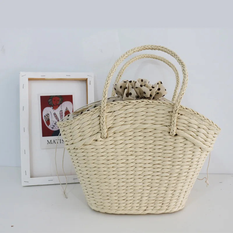 eybag New Straw Woven Bag Women's Handbag Beach Bag Dumpling Shaped Drawstring Woven Bag Accompanied by a Gift Basket