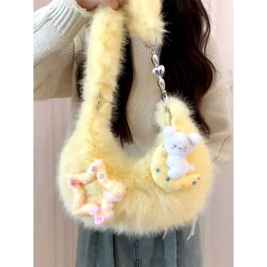 eybag Fluffy Y2k Girls Star Shoulder Bag Korean Fashion Kawaii Half Moon Handbag Designer Women Cute Plush Underarm Purse Winter New