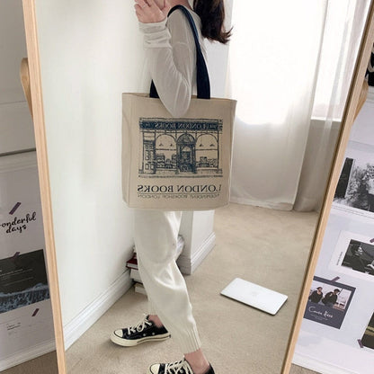 eybag Women Canvas Shoulder Bag London Books Print Ladies Casual Handbag Tote Bag Reusable Large Capacity Cotton Shopping Beach Bag