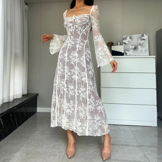 eybag Vintage Lace Long Dress for Women Fashion Elegant Flare Sleeve Square Collar Pleated Dresses Vacation Beach Party Ladies Outfits