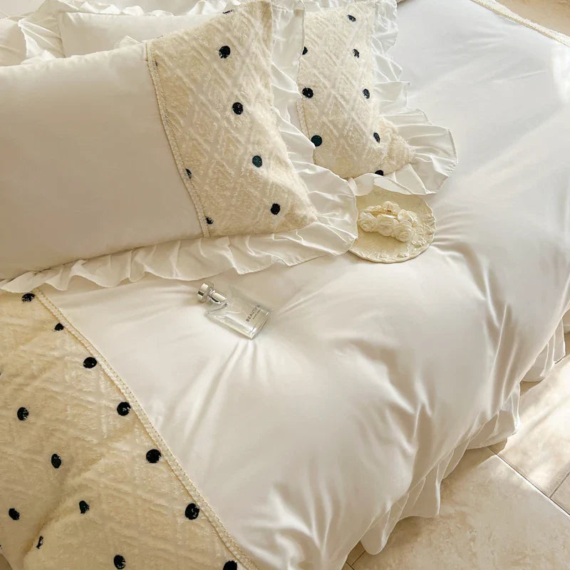 -Korean Princess Style Bedding Set, Lace Patchwork, Embroidery Ruffles, Duvet Cover Set, Bed Sheet, Pillowcases, 4Pcs