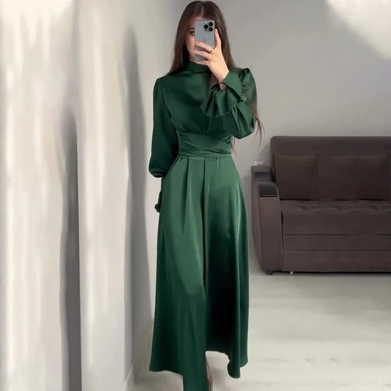 eybag Elegant Ruffled Long Sleeve Long Dress Women's Fashion Bandage Evening Dress Retro Slim Lace Up Solid Color Long Dress