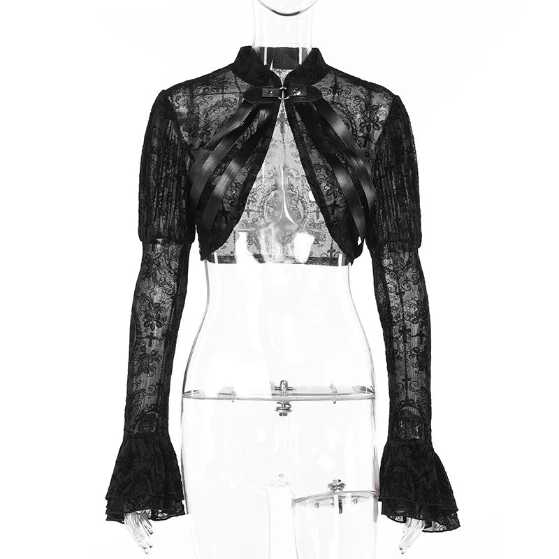 eybag Gothic Sexy Lace Mesh Flared Long Sleeve Smock Y2K Vintage Black See Through Cover-ups  Skeleton Frame Top