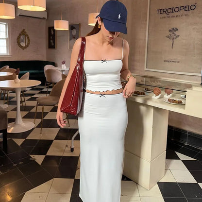 eybag White Dress Two Piece Sets Women Sexy Spaghetti Straps Tank Tops and Slit Maxi Skirts Sets Female Casual Y2K Sets Party 2024