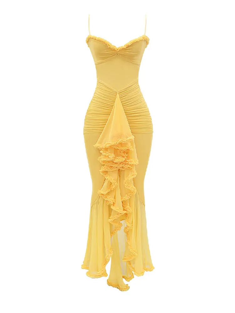 eybag Women Yellow Irregular Ruffles Pleated Mesh Sling Party Dress Sexy Sleeveless Backless Slim Robes Female Elegant Wedding Dresses