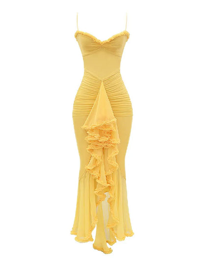 eybag Women Yellow Irregular Ruffles Pleated Mesh Sling Party Dress Sexy Sleeveless Backless Slim Robes Female Elegant Wedding Dresses