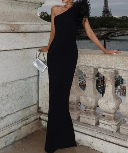 eybag Black Sleeveless One Shoulder Feather Maxi Dress For Women Bodycon Sexy Party Elegant Long Dress Birthday Evening Outfit