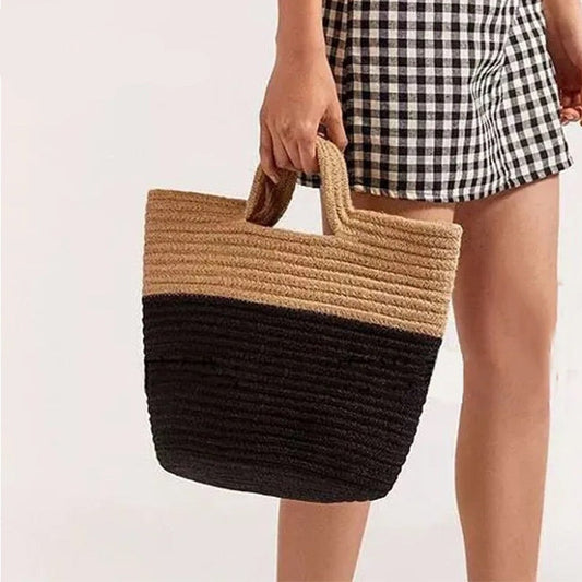 eybag Summer Woven Straw Handbag Women Contrast Color Cotton Rope Beach Bag Travel Large Capacity Tote Shopping Handle Bags