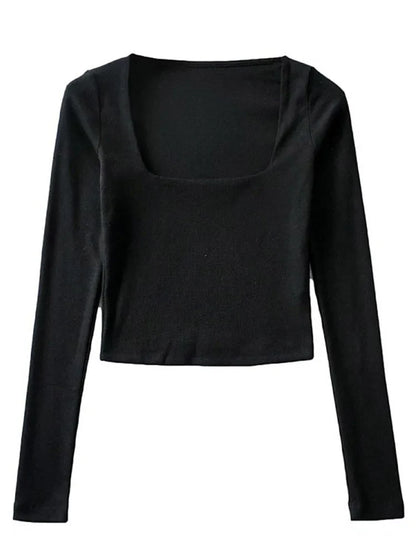 eybag Women Cotton Ribbed Square Neck Crop Top With Long Sleeve