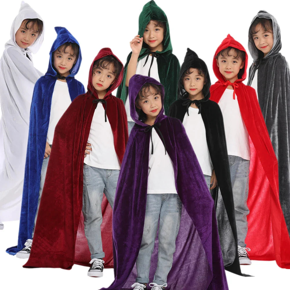 -Halloween Custom Halloween Adult Kids Witch Cloak Cape Hooded Cosplay Costume Death Cloak Carnival Party Halloween Long Cape 8 Colors