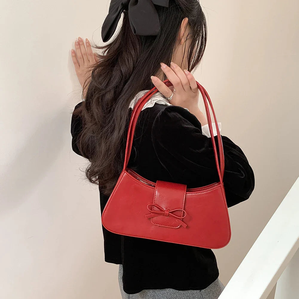 eybag Sweet Bow Handbag for Women Y2K Bag for Girls Phone Purses PU Leather Trendy Underarm Shopper New Year Christmas Red Clutch Bag