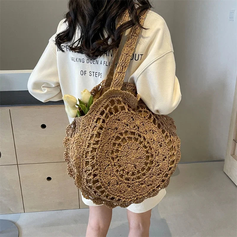 eybag Zipper Models French Straw Woven Circular Women's Shoulder Bag 2024 Hot Sale Large Capacity Handmade Straw Vacation Beach Bag