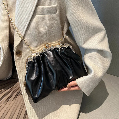 eybag Glitter Laser Women's Leather Cloud Bag 2024 Retro Chain Crossbody Bag Luxury Women's Bag Pleated Dumpling Handbag Party Clutch