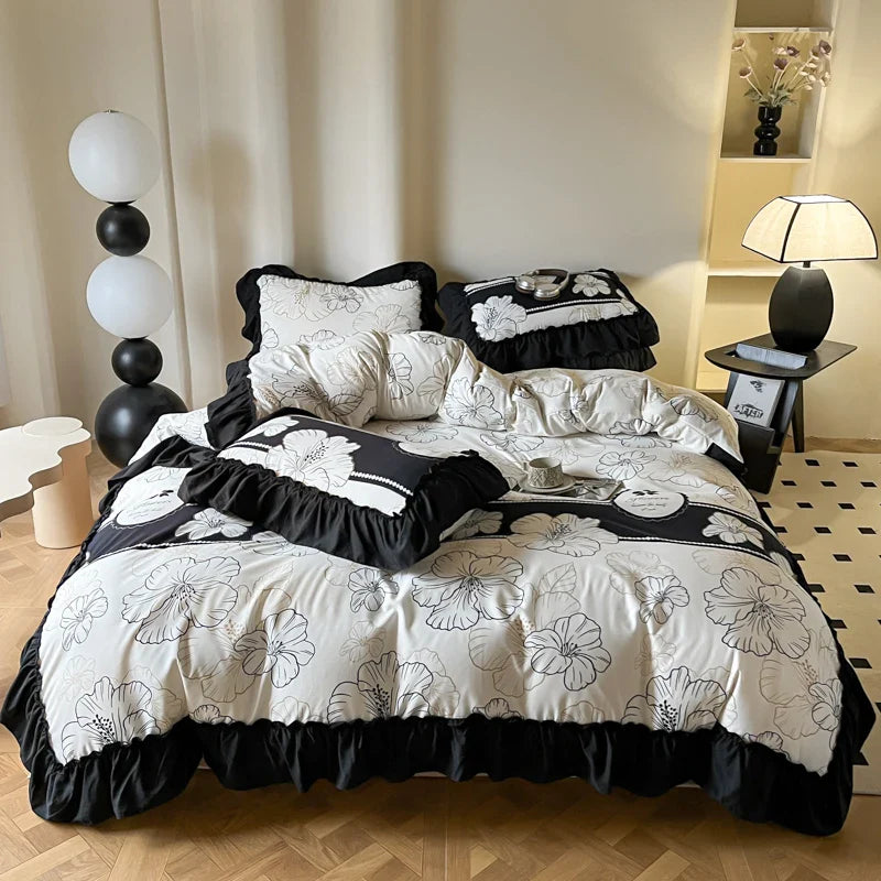 -2/3PC French Vintage Black Ruffles Duvet Cover Set, With Pillowcases, Nordic Luxury Flowers Plant Quilt Cover Set, Bedding Set