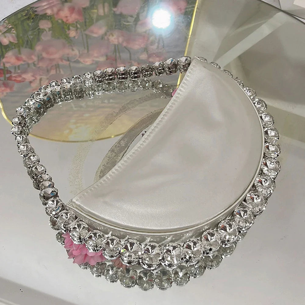 Lkblock Luxury Appliques Handbag Rhinestone Evening Bag Half Moon Pearls Bags for Women Fashion Diamonds Party Wedding Clutch Ladies New