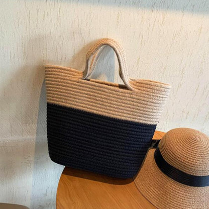 eybag Summer Woven Straw Handbag Women Contrast Color Cotton Rope Beach Bag Travel Large Capacity Tote Shopping Handle Bags