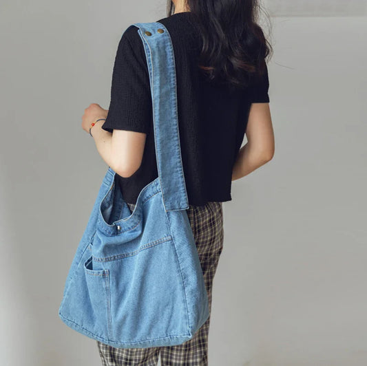 Lkblock Large Capacity Ladies Shopping Bag Solid Color Women'S Grocery Bag Fashion Denim Shoulder Bag Female Casual Messenger Bag