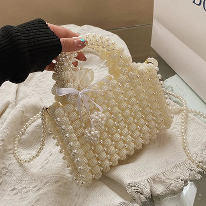 Lkblock Luxury Woven Pearls Bag Shoulder Bags for Women Designer Small Beading Handbags Brands Party Evening Purse Wedding Clutch Tote