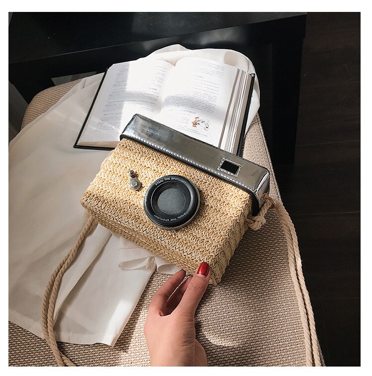 eybag Fun Designer Bag 2022 New Women Fashion Camera Straw Woven Handbag Female One Shoulder Bag Crossbody Bag Flap Purse