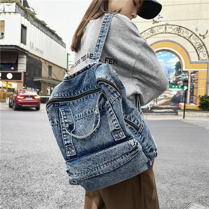 eybag Blue denim women backpack casual large capacity laptop school zipper girl backpack top handle fashion travel backpack for women