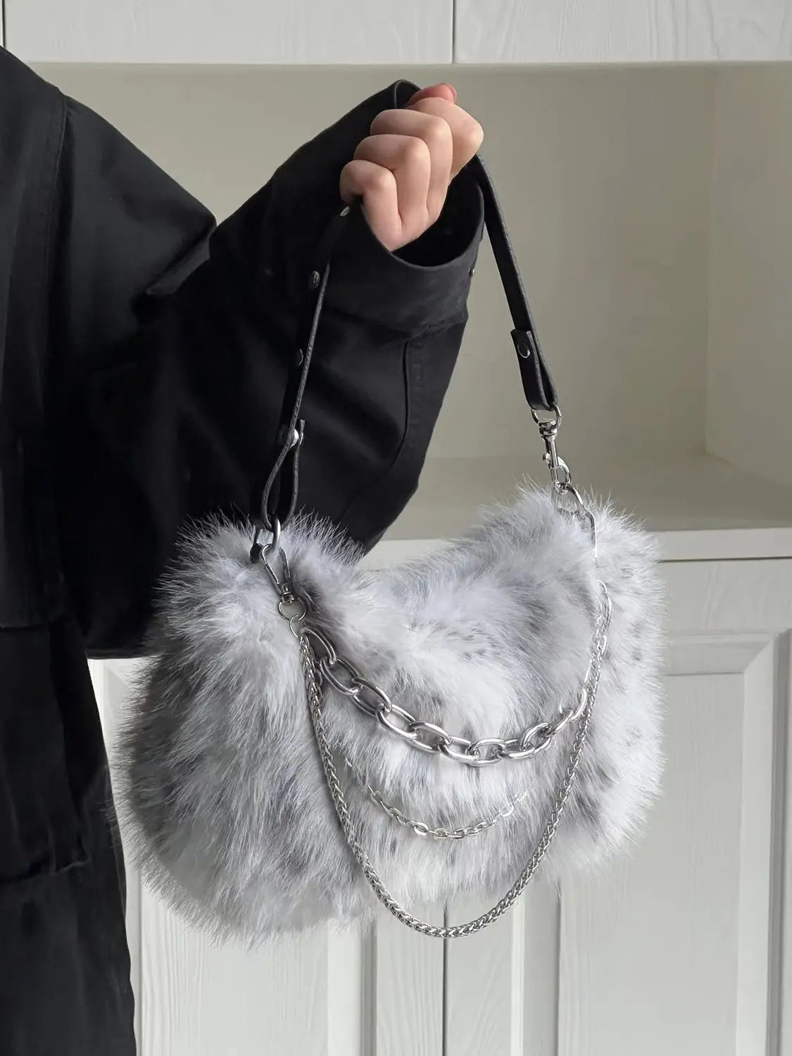 eybag Vintage Y2K Handbag Women Autumn New Hot Girls Chain Plush Soft Shoulder Bag Ladies Harajuku Grey Underarm Bag Aesthetic