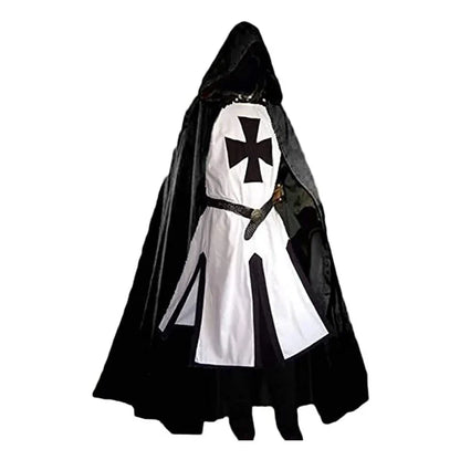 -Halloween Custom Mens Medieval Crusader Knights Templar Tunic Costumes Renaissance Halloween Surcoat Warrior Black Plague Cloak Cosplay Top S-3XL