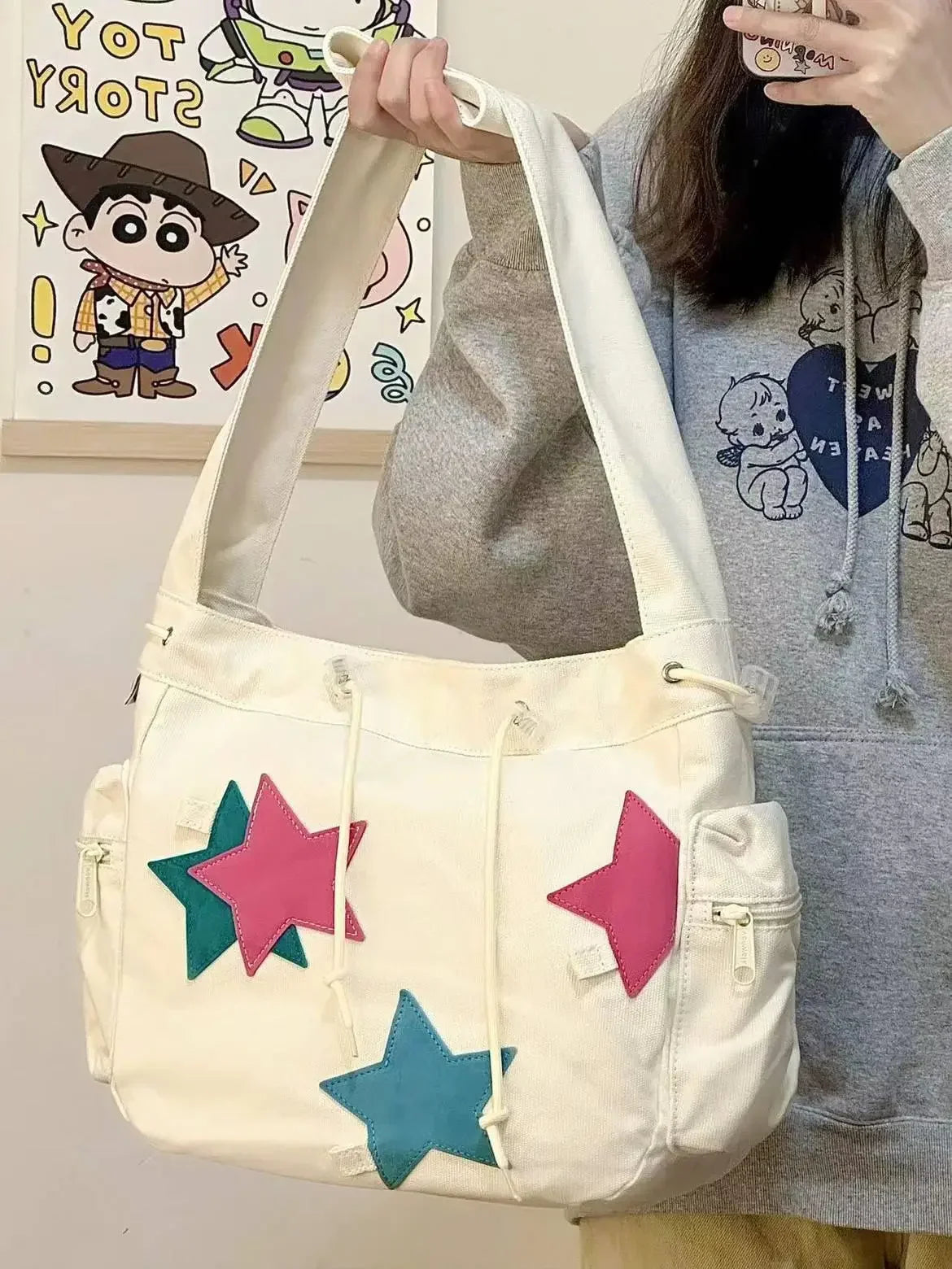 eybag American Vintage Star Drawstring Canvas Contrast Women Shoulder Bag Y2k Large Capacity Commuting Crossbody Bag for Student Ins