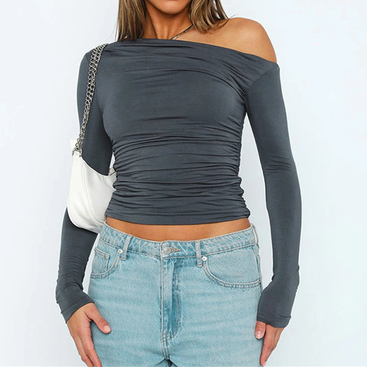 eybag Casual Solid Color Long Sleeve Shirts Cropped Tops Women Ruched Off Shoulder T-shirts Streetwear Clubwear Sexy Pleated Pullovers