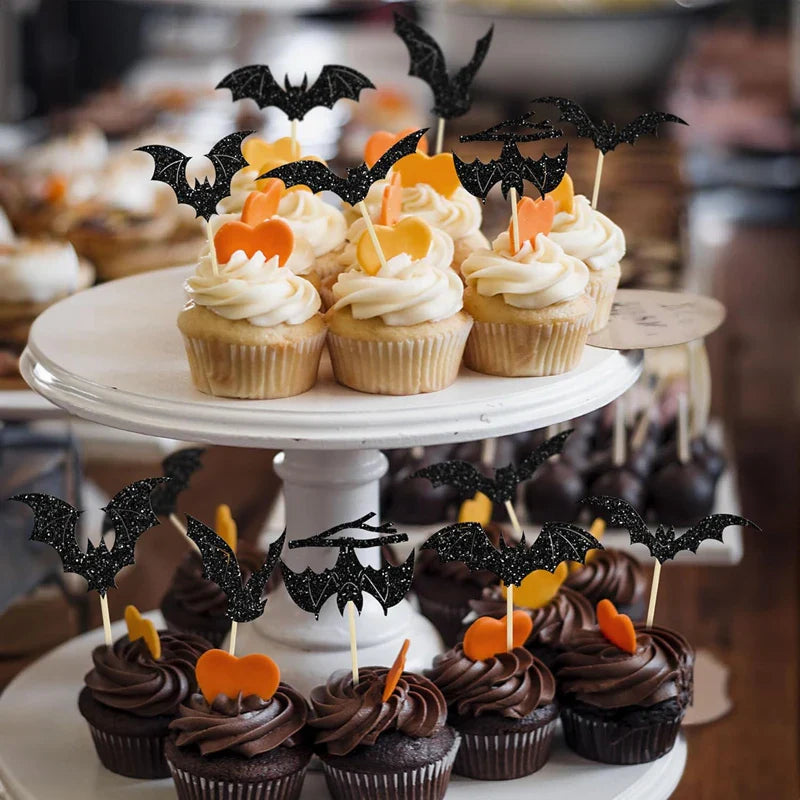 -12/24Pcs Halloween Bat Cupcake Toppers Mixed Black Bat Cupcake Pick Flags Kids Halloween Birthday Party Cake Decoration Supplies