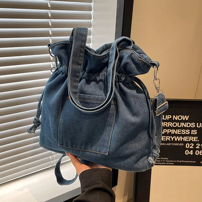 eybag Fashion Denim Women Bucket Shoulder Bag High Capacity Female Crossbody Bags Ruffled Denim Under Arm Bag for Women