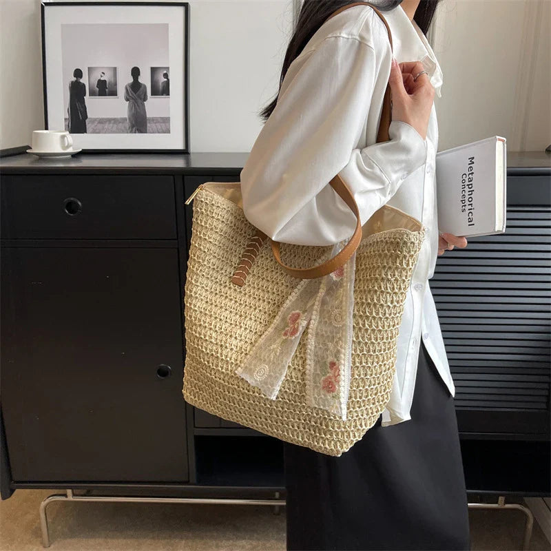 eybag Summer Large Capacity Tote Bag Women Shoulder Bag Handmade Woven Bag Fresh Rural Handheld Grass Woven Women Bag   36.25