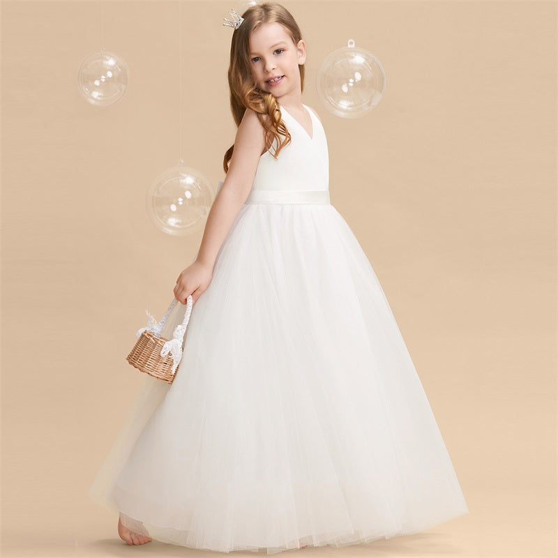 Teen Girl Party Dress for Wedding Backless Princess Dress Girl Bridesmaid Pearl Sleeveless Long Dress Child Ceremony Event Gowns