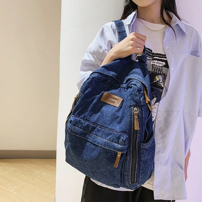 eybag Multi Pocket Fashion Denim Women Backpack Male Female Laptop College Backpack Trendy Cool Girl Kawaii Travel Student School Bag