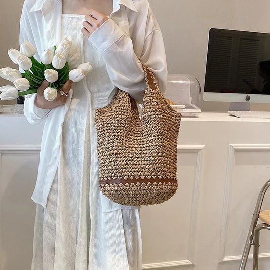 eybag Top Quality Bucket Straw Bags Handmade Summer Beach Straw Bag Travel Totes Handbags Women Shoulder Bag Casual Beach Handbag Bags