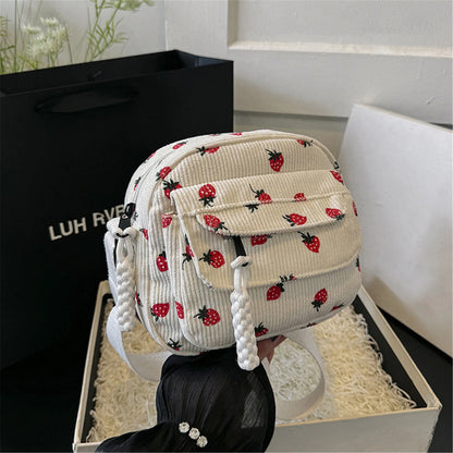 eybag Women Corduroy Crossbody Bag Strawberry Print Multi Layer Shoulder Bag Versatile Phone Purse Small Square Bag Travel Coin Purses