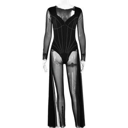 eybag Elegant Women's Mesh Patchwork See-through Jumpsuits Female Long Sleeve High Waist Bandage Corset Bodysuit Evening Party Outfits