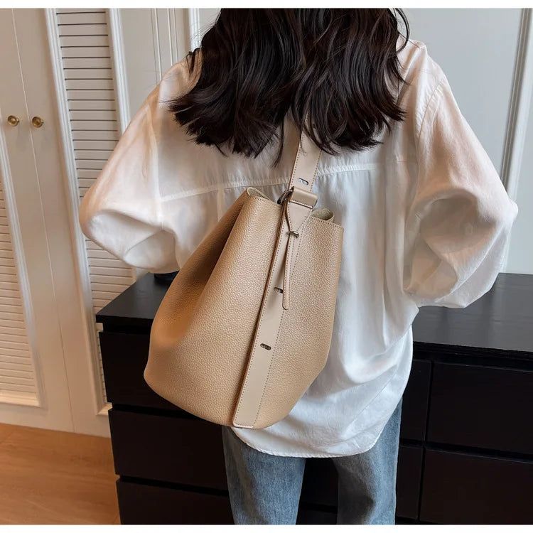 eybag Soft Cowhide Minimalism Women Bucket Bag Elegant French Style Lady Large Tote Bag Luxury Thick Leather Bag