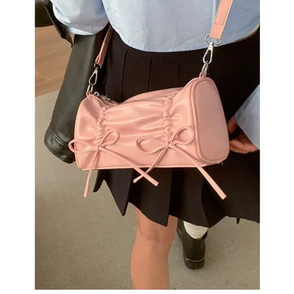 eybag Pleated Pink Women Shoulder Bag Bow Pillow Leather Sweet Elegant Fashion Handbag Gentle Casual Exquisite Ladies Armpit Bag