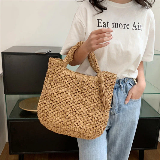 eybag Casual Handmade Woven Straw Bag Bucket Totes Handbags Travel Summer Bags Large Capacity Purses For Women Summer Straw Bag