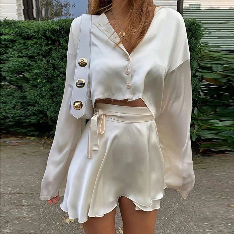 eybag White Elegant Satin 2 Two Piece Set Women Lantern Long Sleeve Crop Tops Cardigan Sexy High Waist Mini Tennis Sport Skirts New