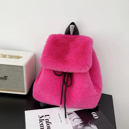 eybag Fashion Luxury Fake Fur Women's Backpack Winter Soft Plush Ladies Schoolbag Solid Color Female Furry Shoulder Bags Handbags