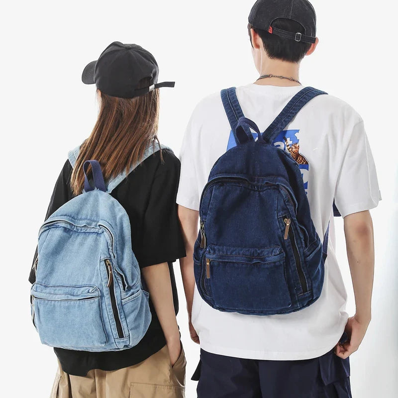 eybag Fashion Multi Pocket Women Backpack Vintage Washed Denim Female School Backpack Men Leisure Trendy Cool Student Travel Book Bag