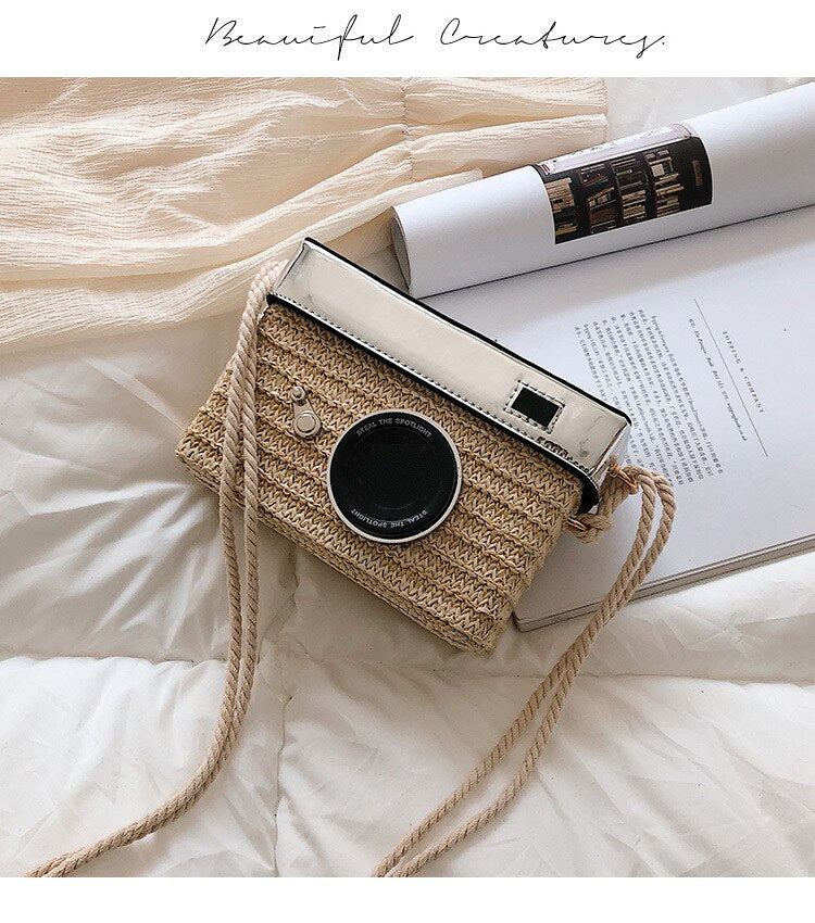 Lkblock Fun Designer Bag 2022 New Women Fashion Camera Straw Woven Handbag Female One Shoulder Bag Crossbody Bag Flap Purse