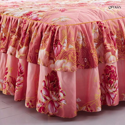   Christmas Princess Bedding Bed Skirt bedspread Pillowcases Winter Thick Warm Lace Bed Sheets Mattress Cover King Queen Size Bed Cover